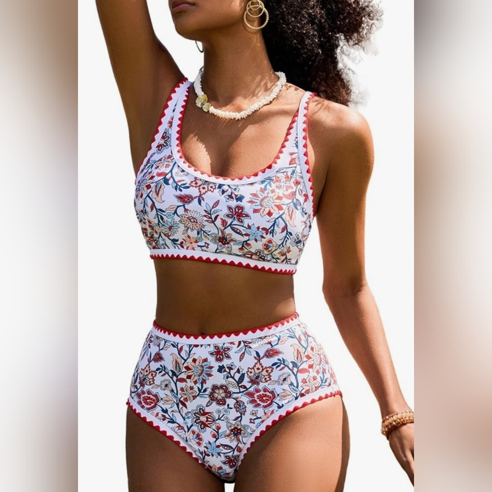 Women's Bikini Sets Floral Print Whip Stitch 2 Piece Swimsuits High Waisted
